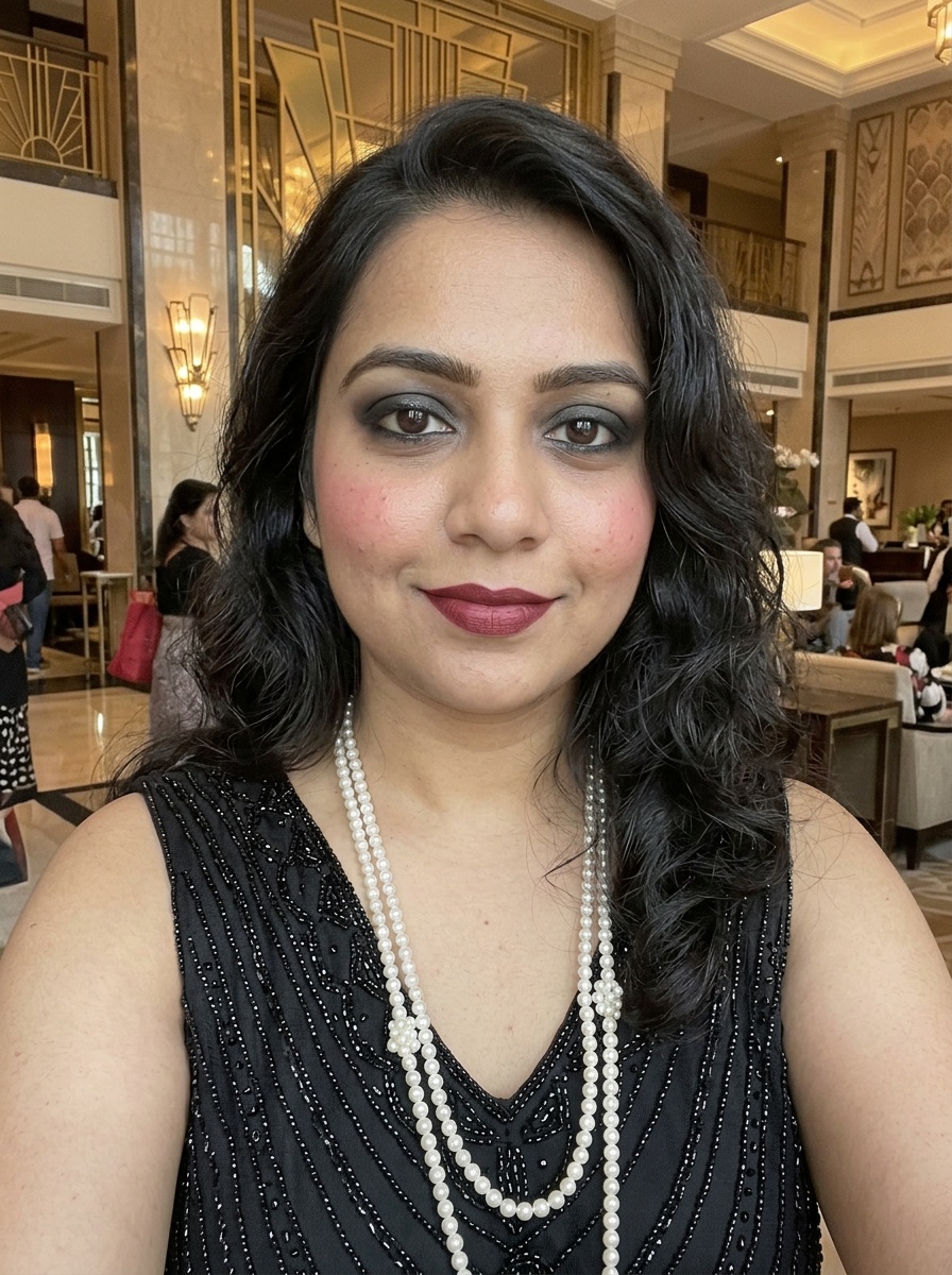 1920s Makeup on a woman in her late 20s with medium skin, brown eyes and a round face