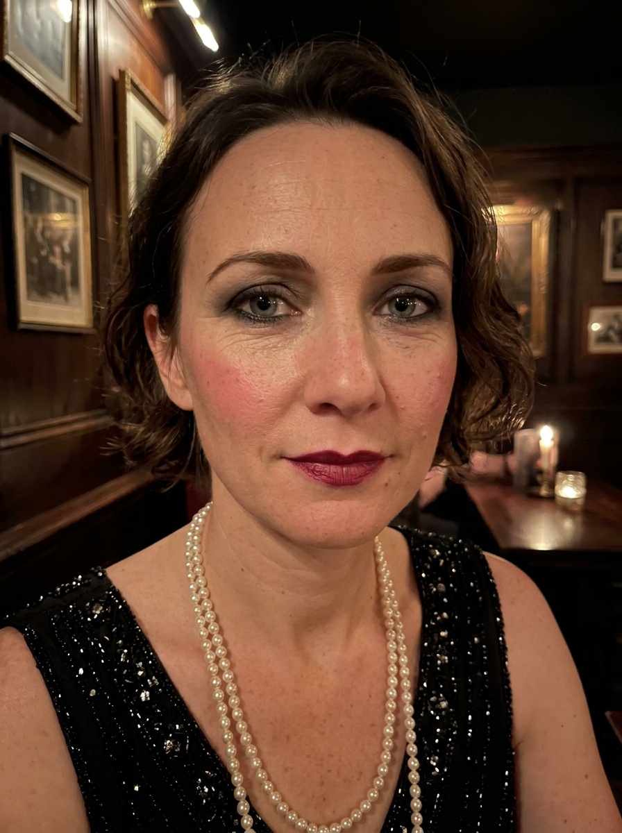 1920s Makeup on a woman in her mid 40s with light skin and deep-set blue-grey eyes