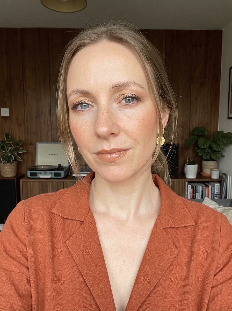 70s Makeup on a woman in her early 30s with fair skin and hooded blue eyes