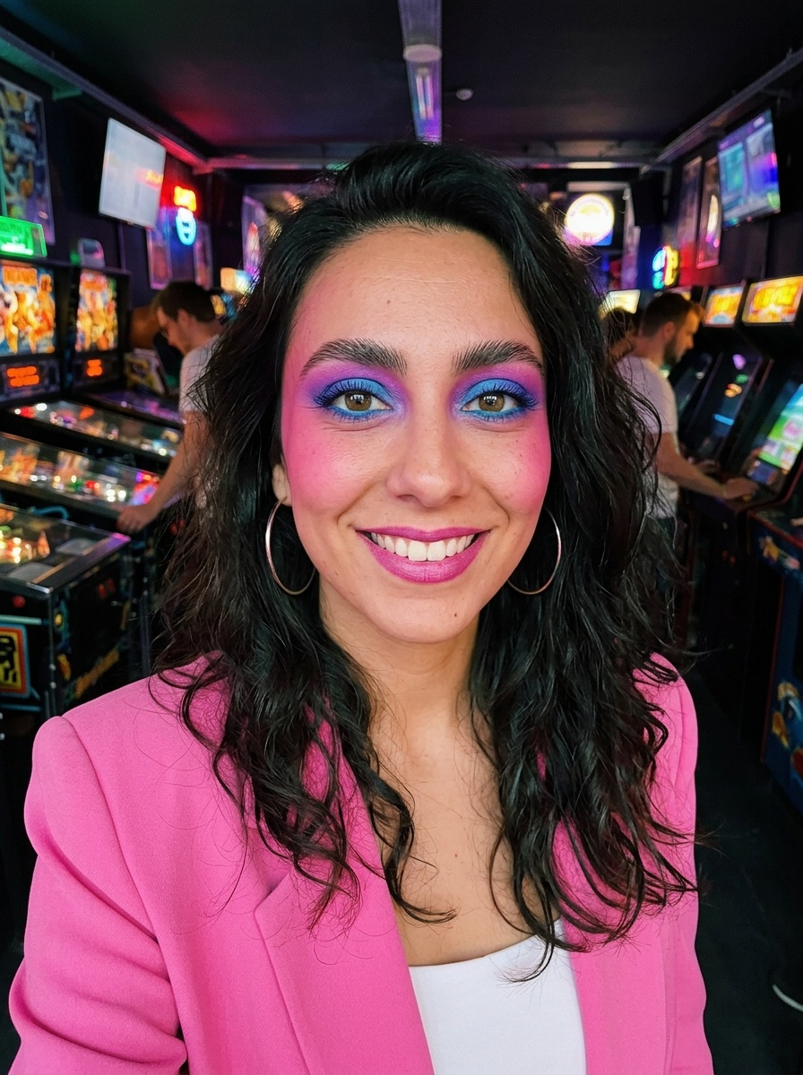 80s Makeup on a woman in her late 20s with olive skin and almond-shaped hazel eyes