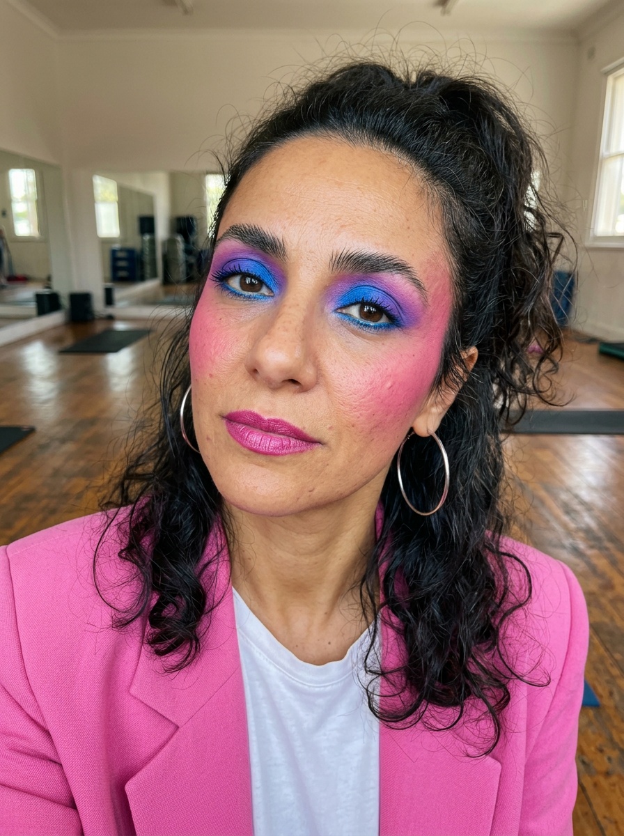 80s Makeup on a woman in her late 30s with tan skin and brown eyes