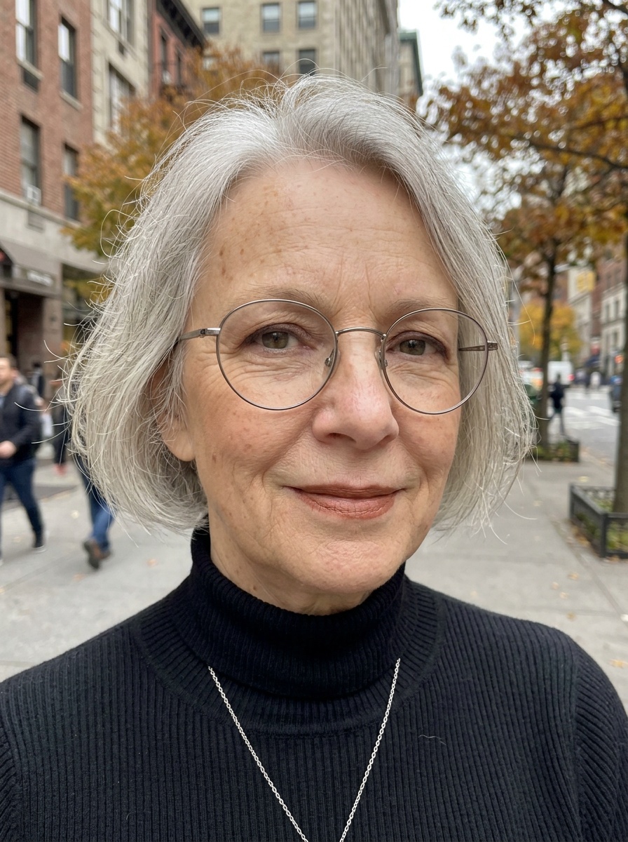 90s Makeup on a woman in her 60s with light skin, fine lines and glasses