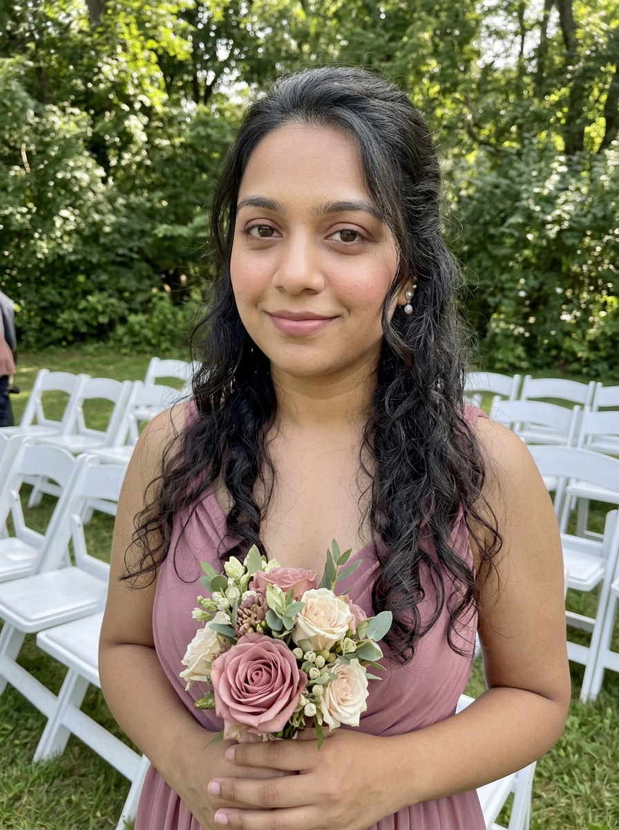 Bridesmaid Makeup on a woman in her late 20s with medium skin, brown eyes and a round face