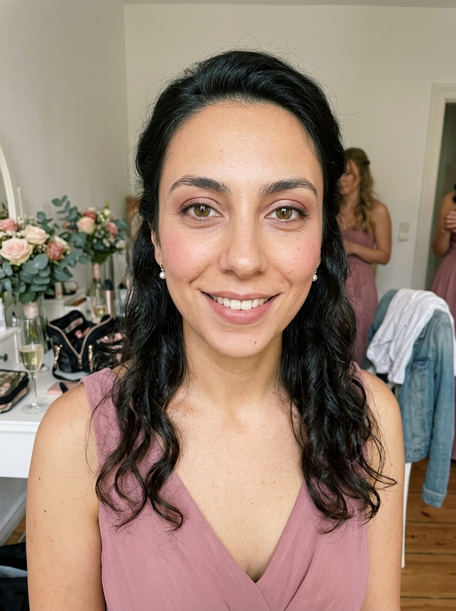 Bridesmaid Makeup on a woman in her late 20s with olive skin and almond-shaped hazel eyes