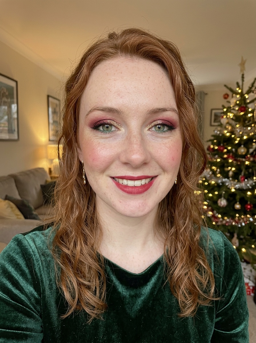Christmas Makeup on a woman in her late 20s with fair skin, red hair and hooded green eyes