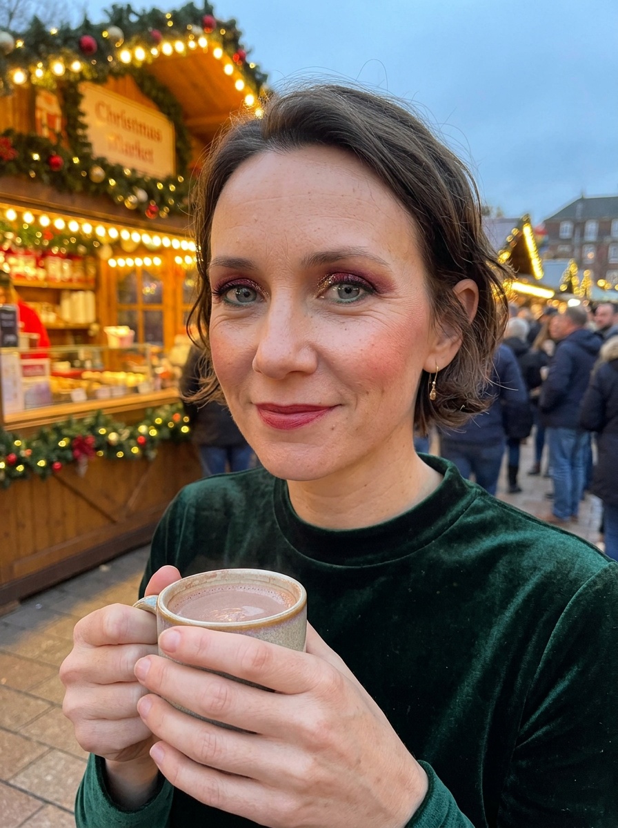 Christmas Makeup on a woman in her mid 40s with light skin and deep-set blue-grey eyes