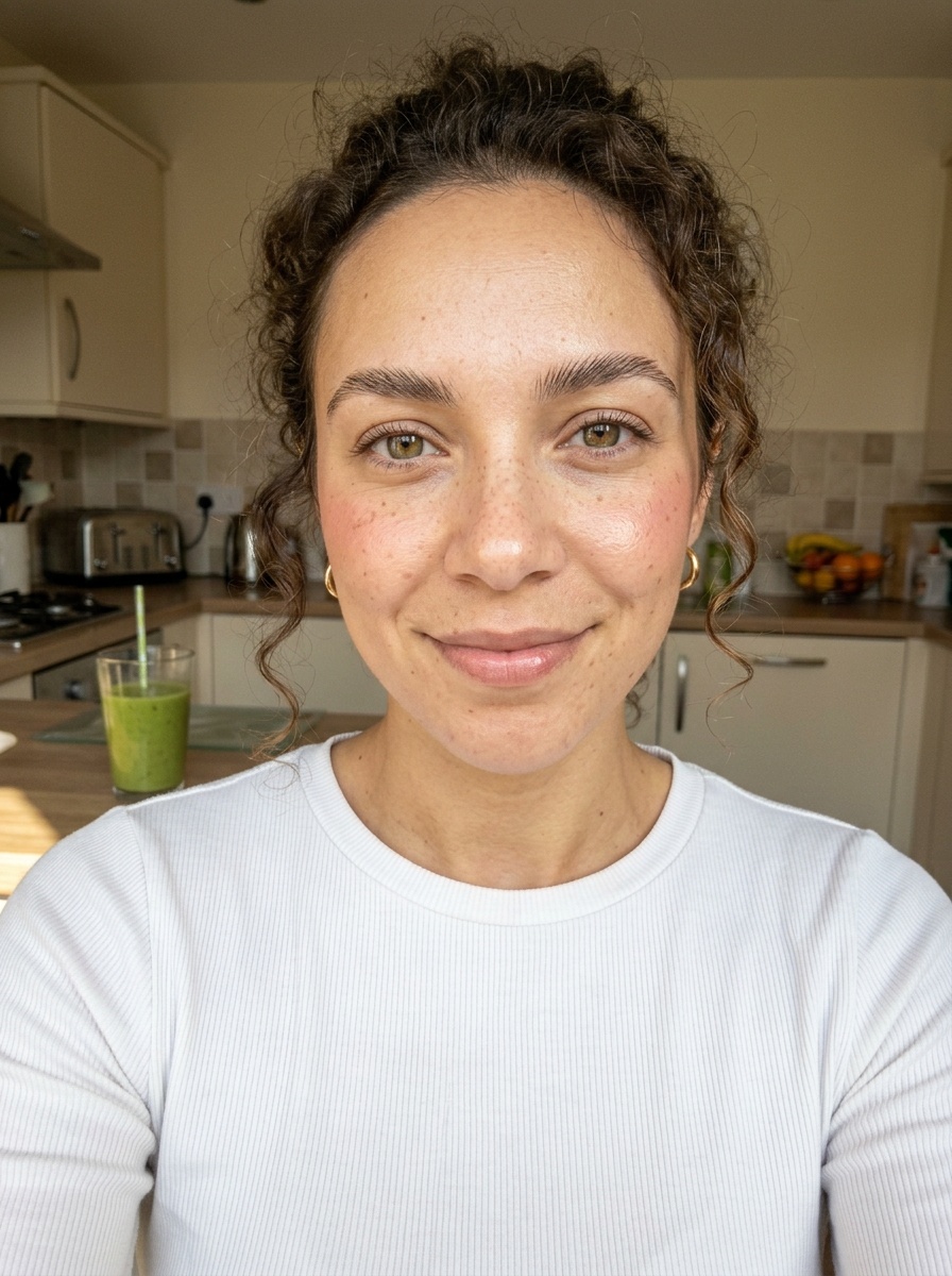 Clean Girl Makeup on a woman in her mid 20s with medium skin, hazel eyes and freckles