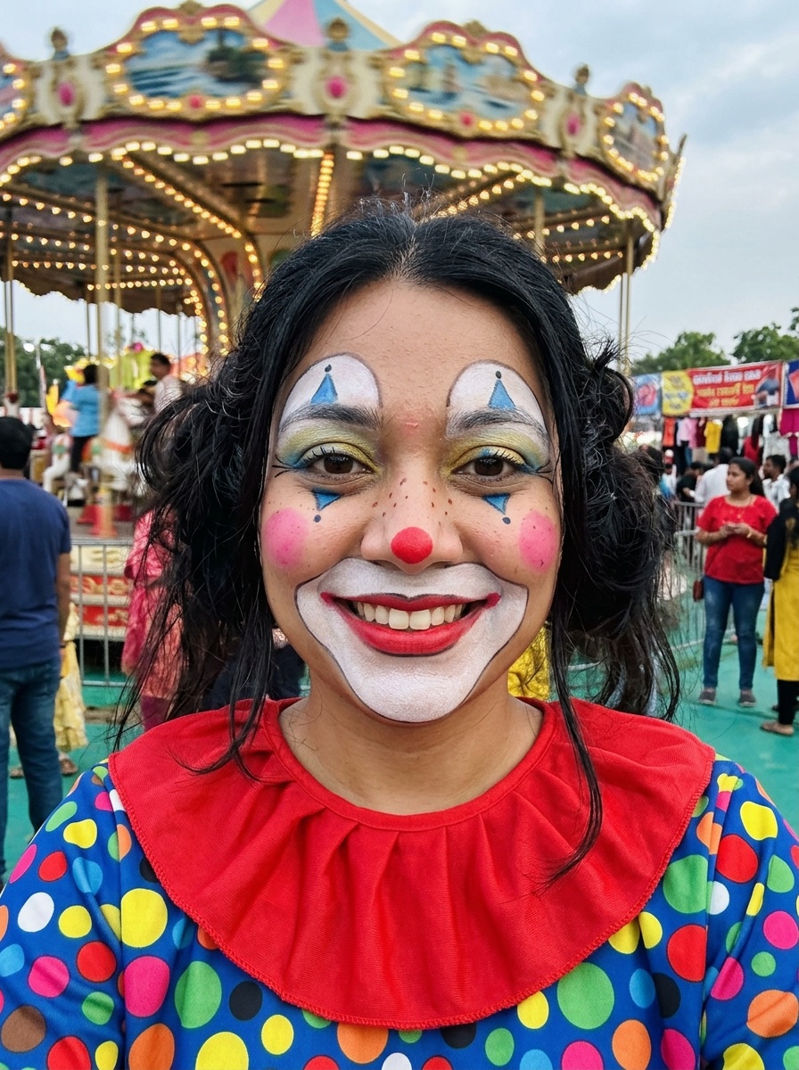 Clown Makeup on a woman in her early 20s with medium skin, brown eyes and a round face