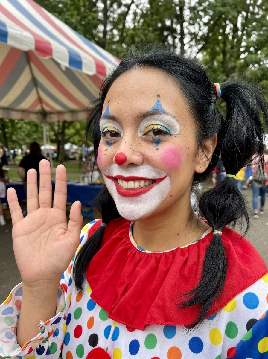 Clown Makeup on a woman in her early 30s with tan skin and downturned brown eyes