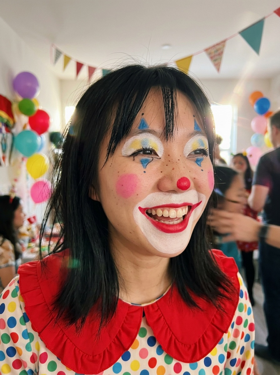 Clown Makeup on a woman in her mid 20s with light skin and monolid eyes