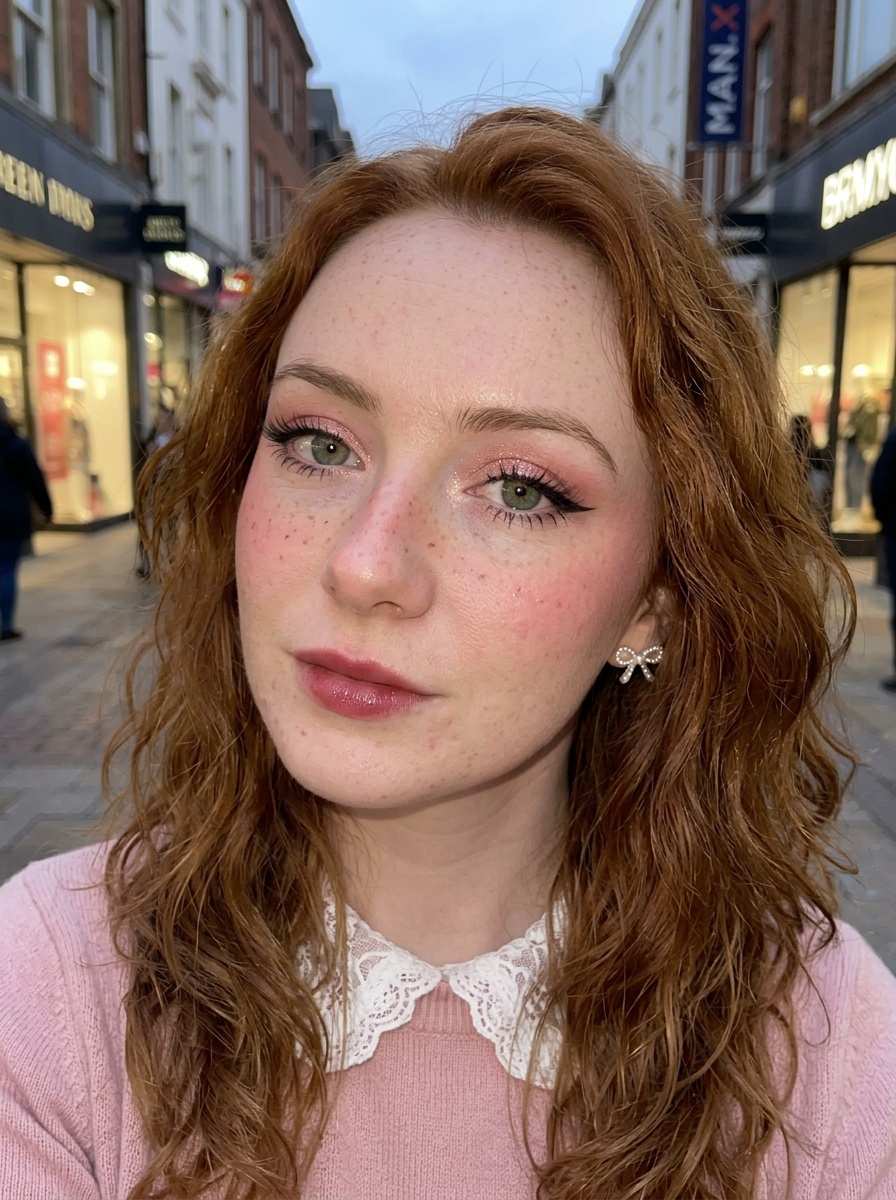 Douyin Makeup on a woman in her late 20s with fair skin, red hair and hooded green eyes