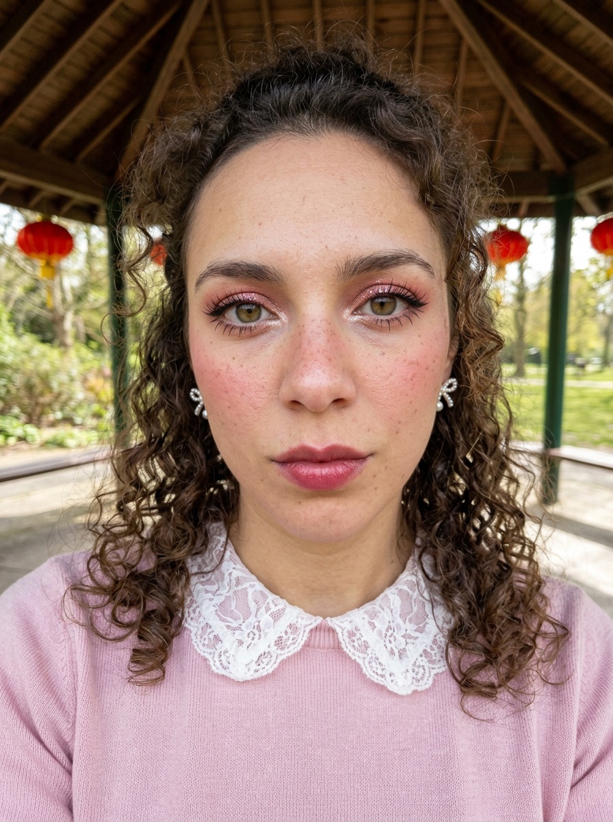 Douyin Makeup on a woman in her mid 20s with medium skin, hazel eyes and freckles