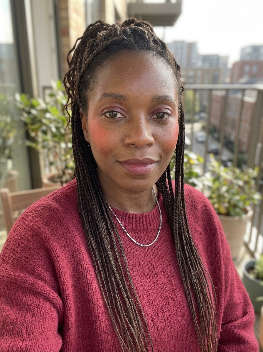 Editorial Makeup on a woman in her early 30s with deep skin and brown eyes