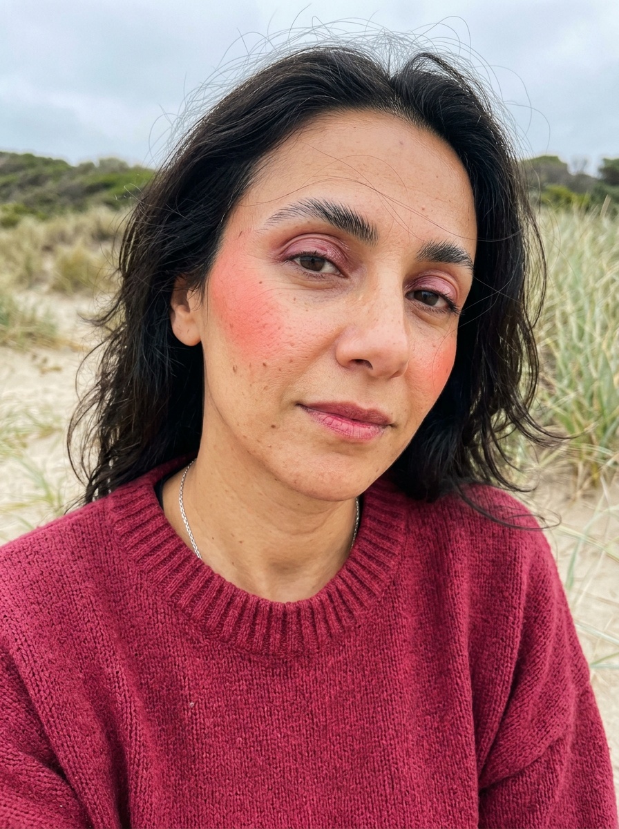 Editorial Makeup on a woman in her late 30s with tan skin and brown eyes