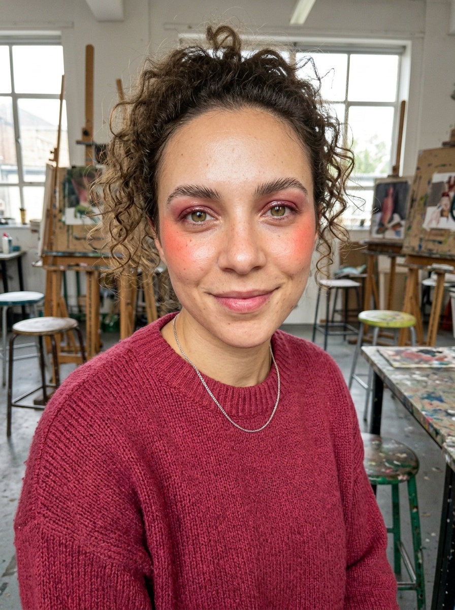 Editorial Makeup on a woman in her mid 20s with medium skin, hazel eyes and freckles
