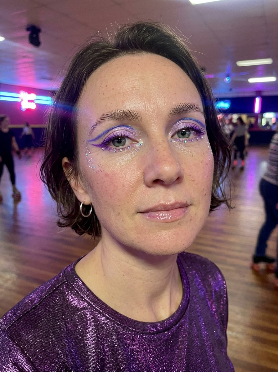 Euphoria Makeup on a woman in her mid 40s with light skin and deep-set blue-grey eyes