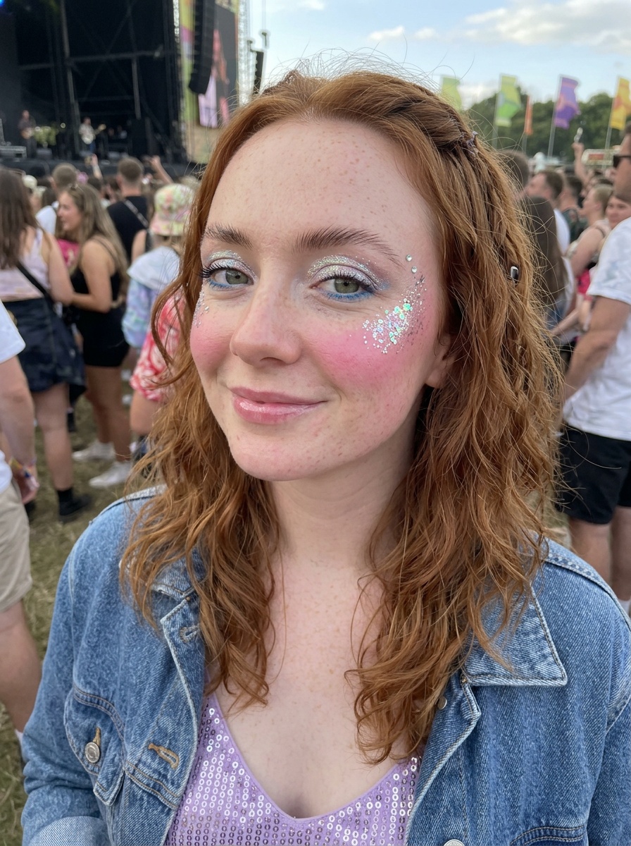 Festival Glitter on a woman in her late 20s with fair skin, red hair and hooded green eyes
