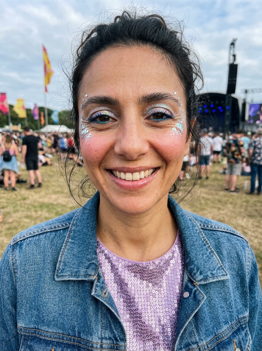 Festival Glitter on a woman in her late 30s with tan skin and brown eyes