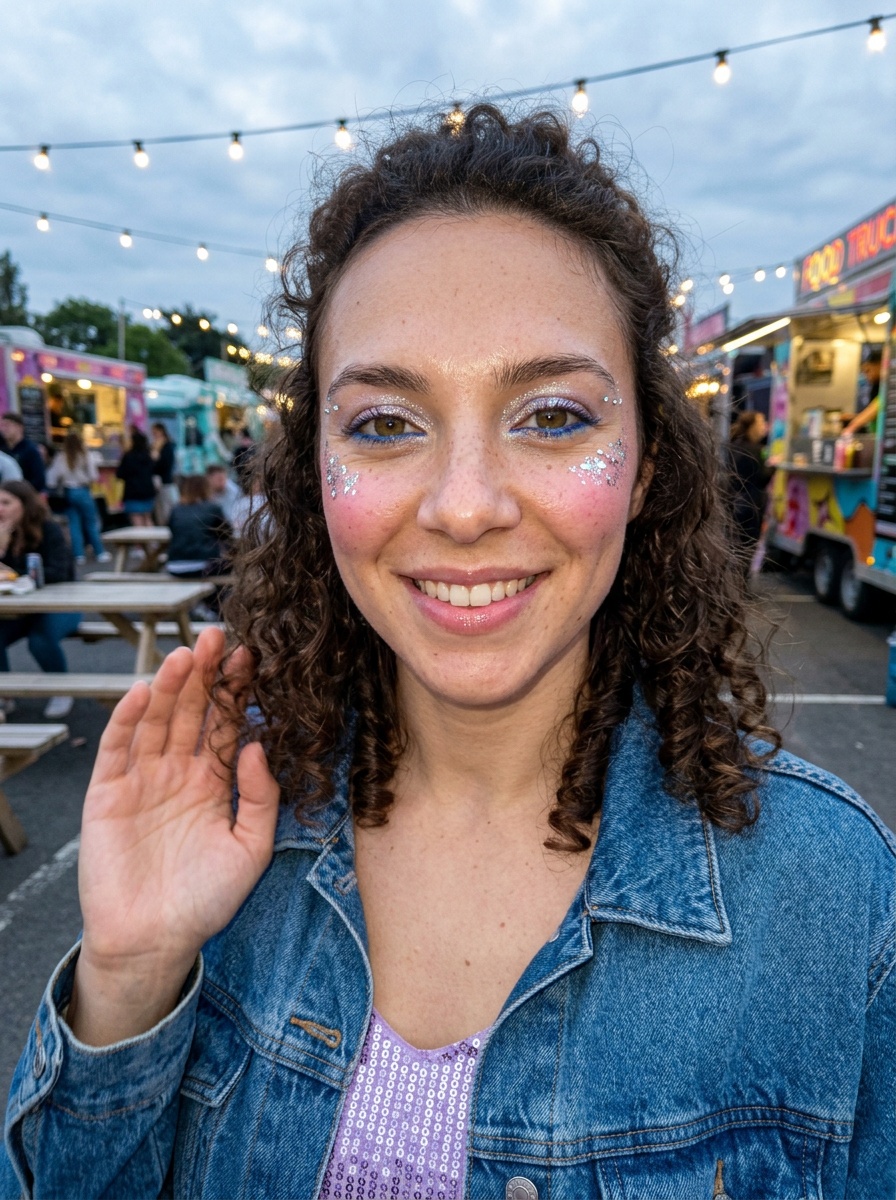 Festival Glitter on a woman in her mid 20s with medium skin, hazel eyes and freckles