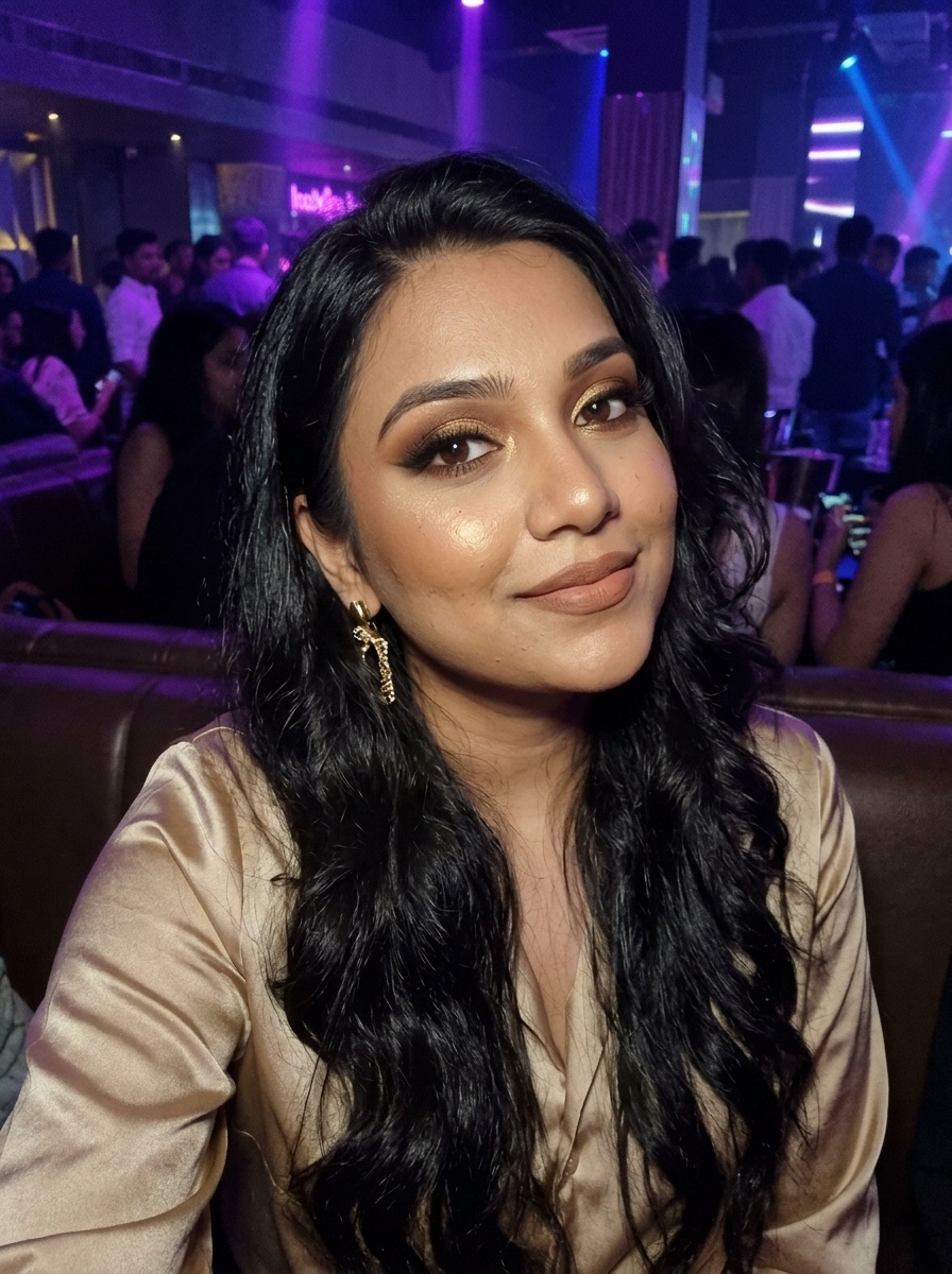 Full Glam on a woman in her early 20s with medium skin, brown eyes and a round face