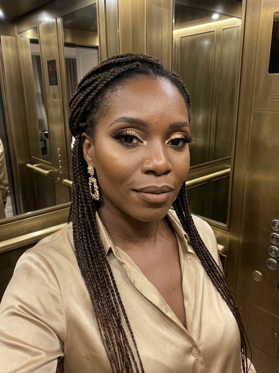 Full Glam on a woman in her early 30s with deep skin and brown eyes