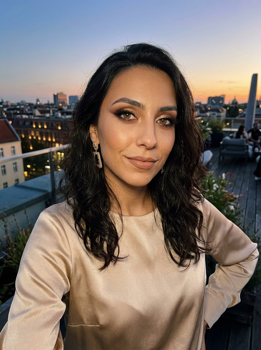 Full Glam on a woman in her late 20s with olive skin and almond-shaped hazel eyes