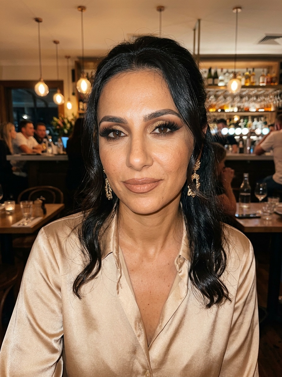 Full Glam on a woman in her late 30s with tan skin and brown eyes