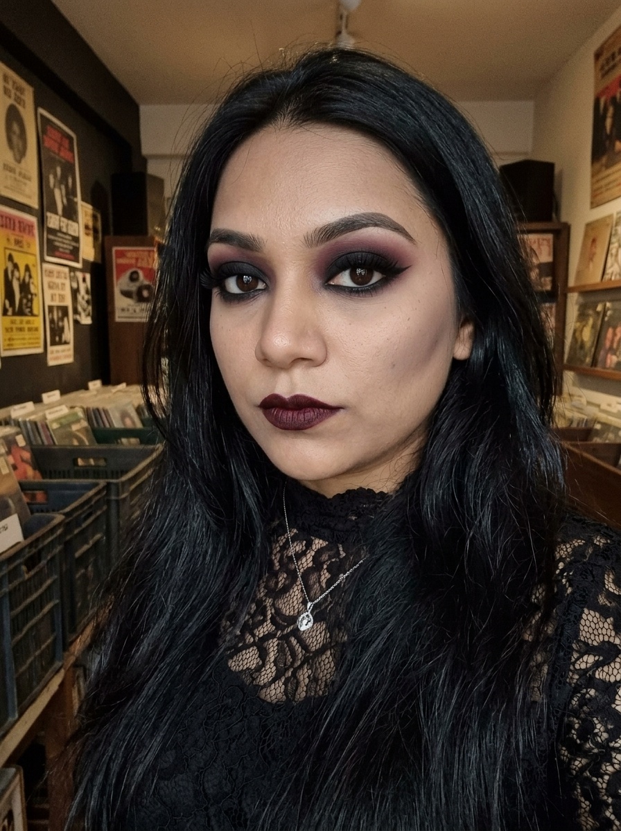 Goth Makeup on a woman in her early 20s with medium skin, brown eyes and a round face