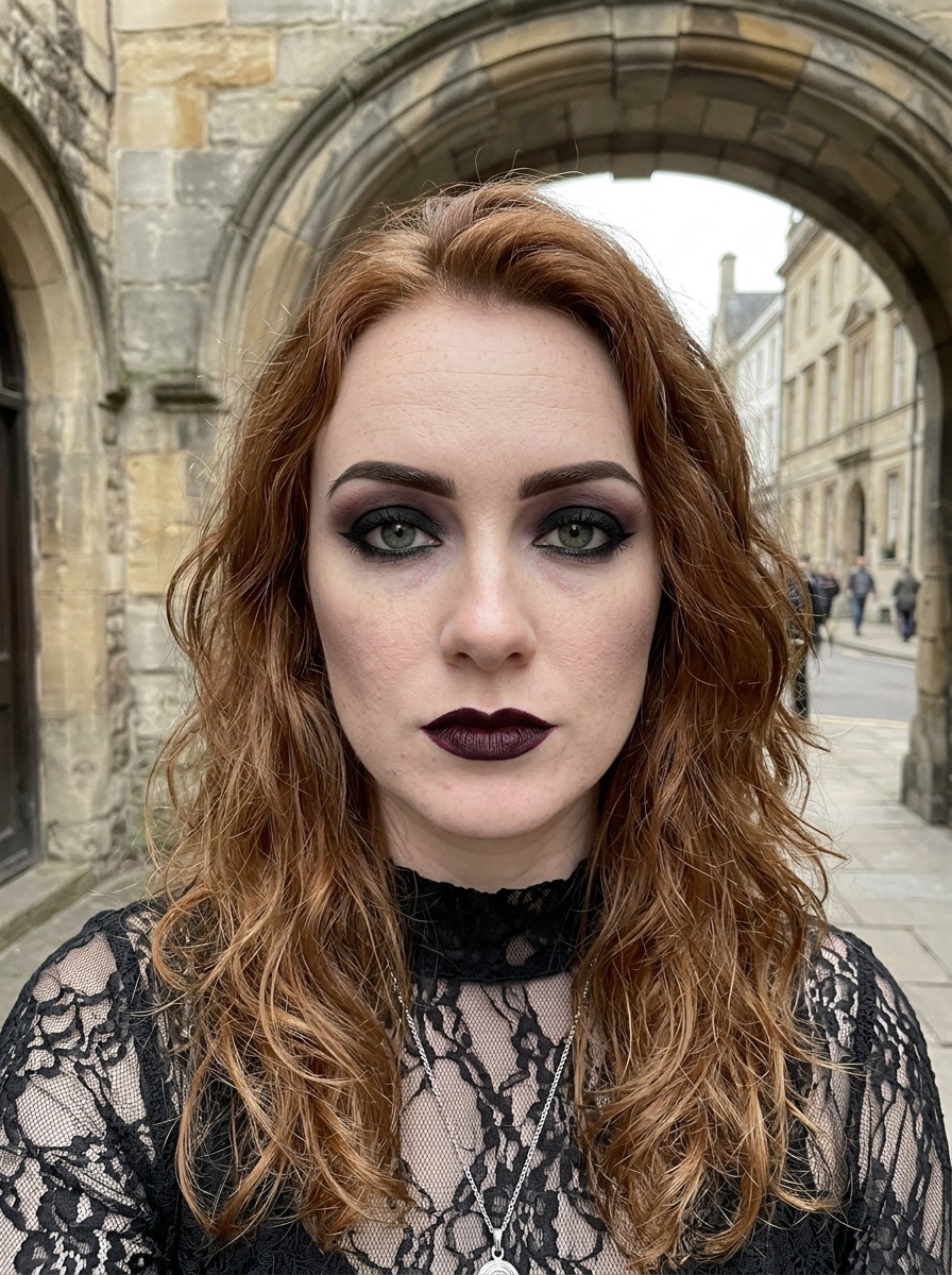 Goth Makeup on a woman in her late 20s with fair skin, red hair and hooded green eyes