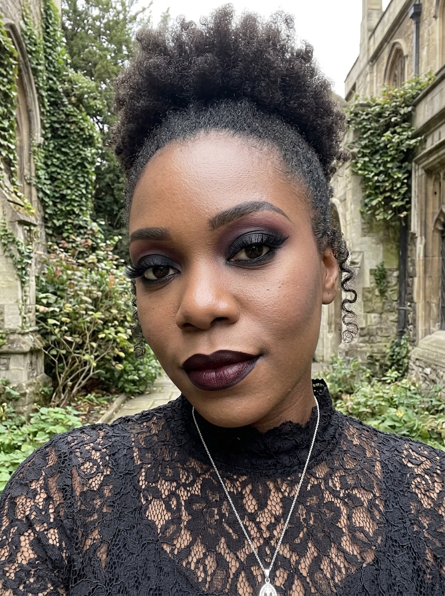 Goth Makeup on a woman in her mid 20s with deep skin and brown eyes