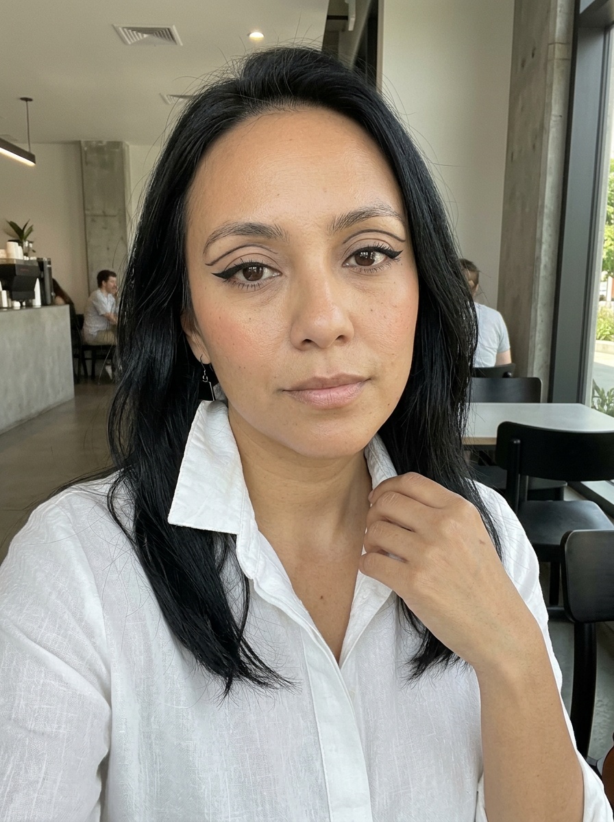 Graphic Eyeliner on a woman in her early 30s with tan skin and downturned brown eyes