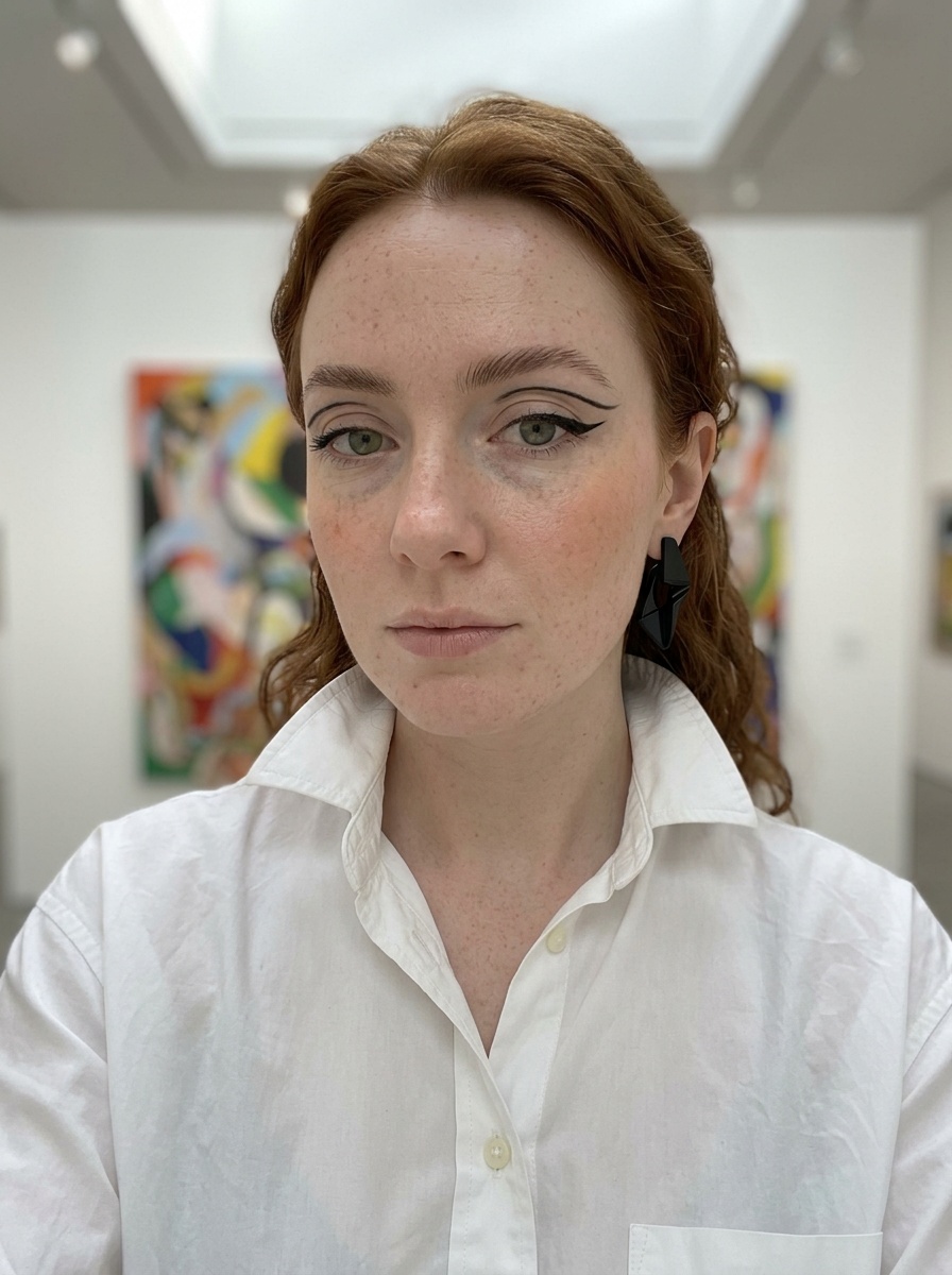Graphic Eyeliner on a woman in her late 20s with fair skin, red hair and hooded green eyes