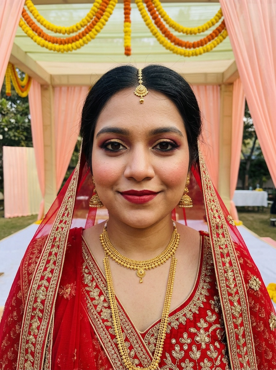 Indian Bridal Makeup on a woman in her early 20s with medium skin, brown eyes and a round face