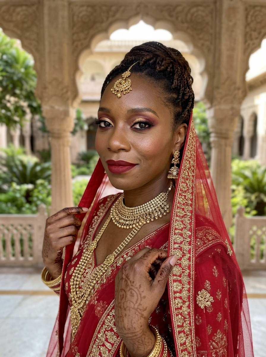 Indian Bridal Makeup on a woman in her early 30s with deep skin and brown eyes