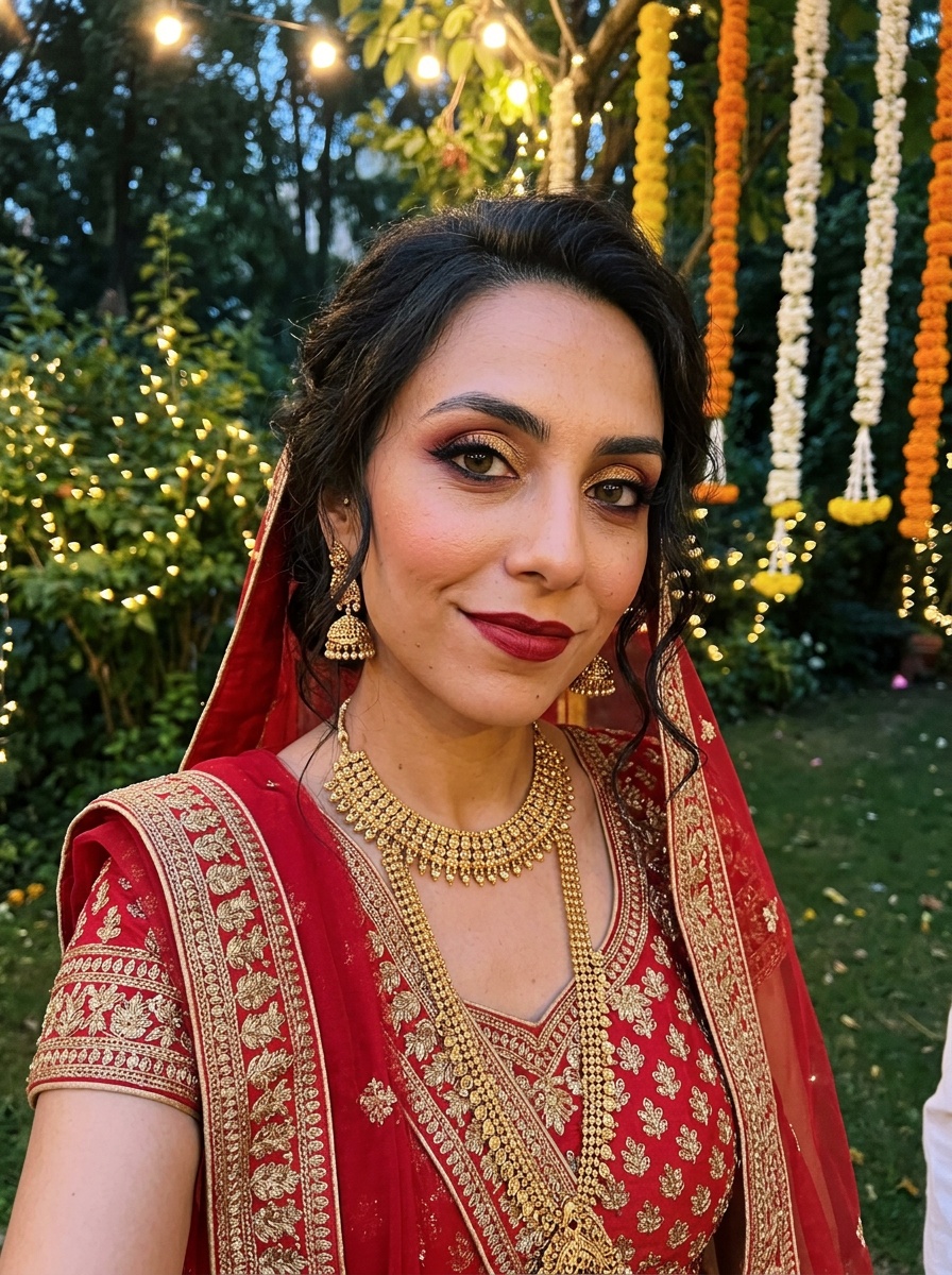 Indian Bridal Makeup on a woman in her late 20s with olive skin and almond-shaped hazel eyes