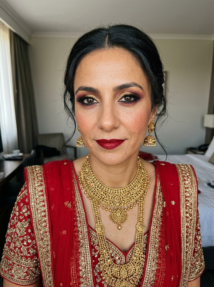 Indian Bridal Makeup on a woman in her late 30s with tan skin and brown eyes