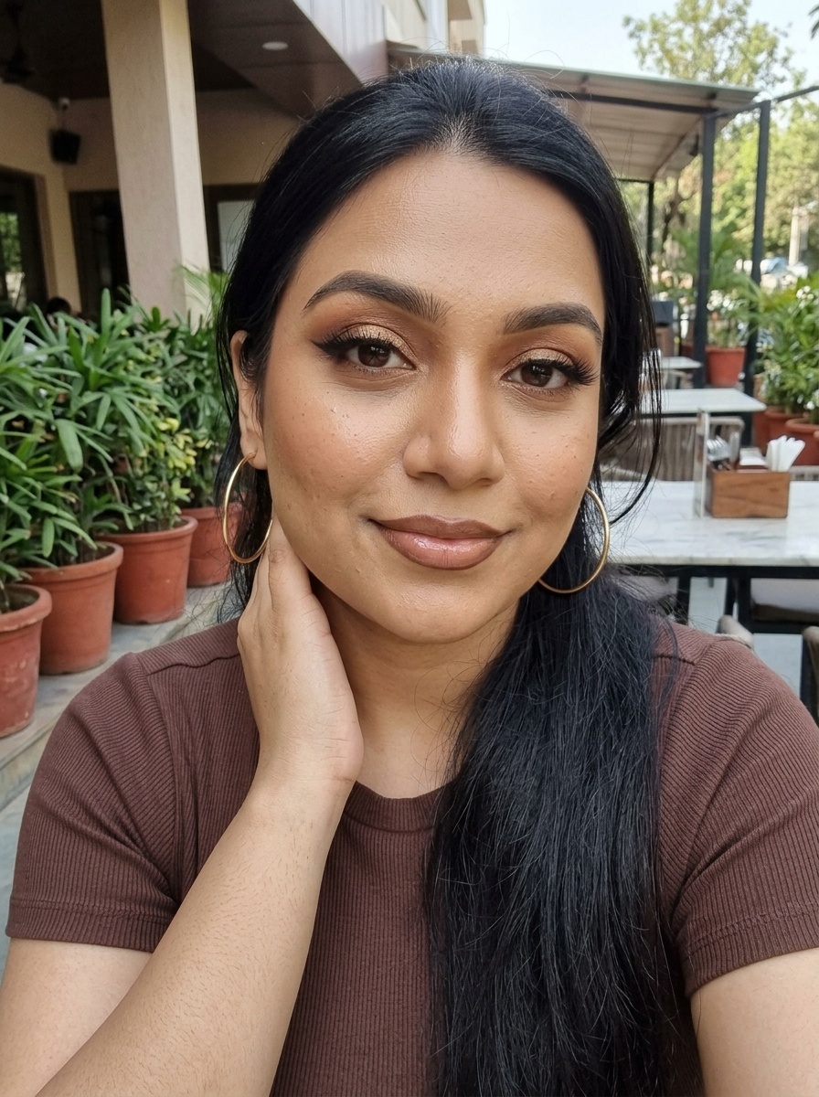 Latina Glam on a woman in her early 20s with medium skin, brown eyes and a round face