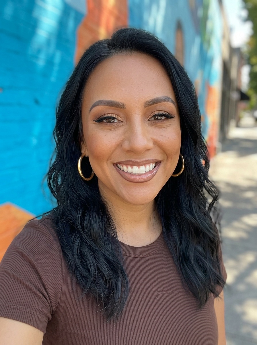 Latina Glam on a woman in her early 30s with tan skin and downturned brown eyes