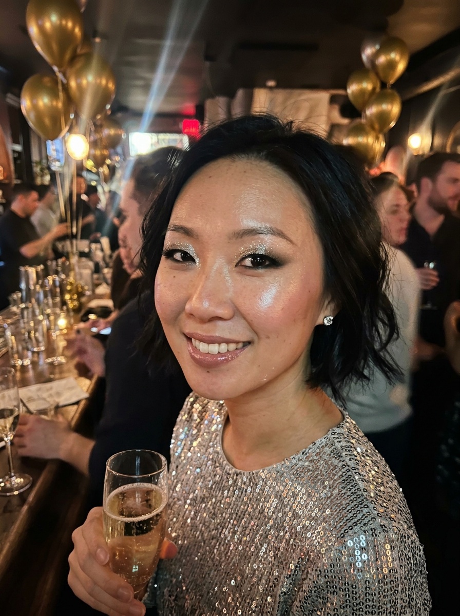 New Year's Eve Makeup on a woman in her early 30s with light skin and monolid eyes