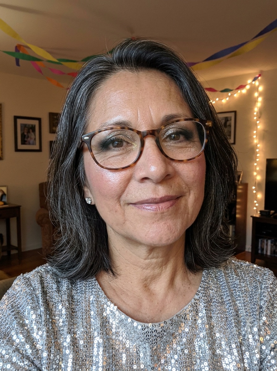 New Year's Eve Makeup on a woman in her late 50s with medium skin, fine lines and glasses
