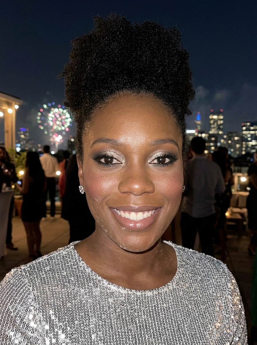 New Year's Eve Makeup on a woman in her mid 20s with deep skin and brown eyes
