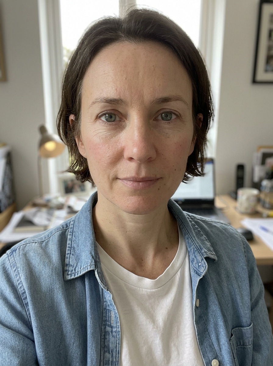 No-Makeup Makeup on a woman in her mid 40s with light skin and deep-set blue-grey eyes