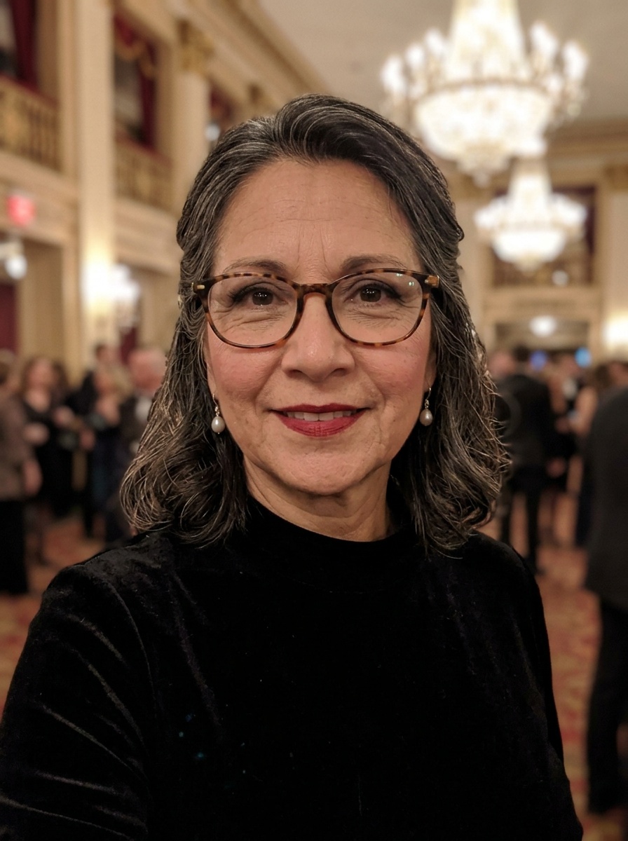 Old Hollywood Glam on a woman in her late 50s with medium skin, fine lines and glasses