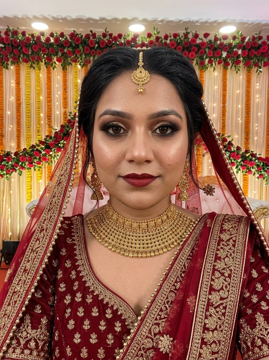 Pakistani Bridal Makeup on a woman in her early 20s with medium skin, brown eyes and a round face