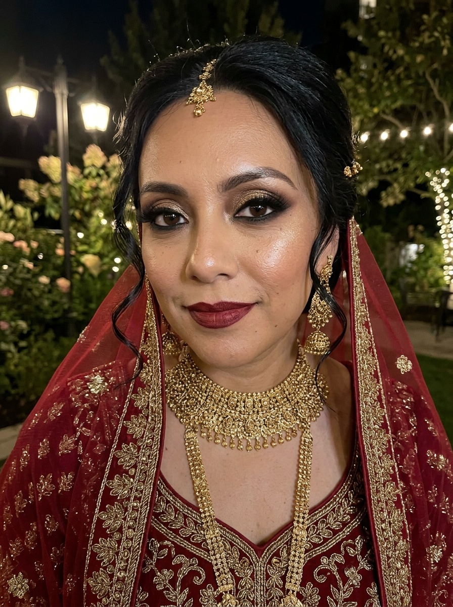 Pakistani Bridal Makeup on a woman in her early 30s with tan skin and downturned brown eyes