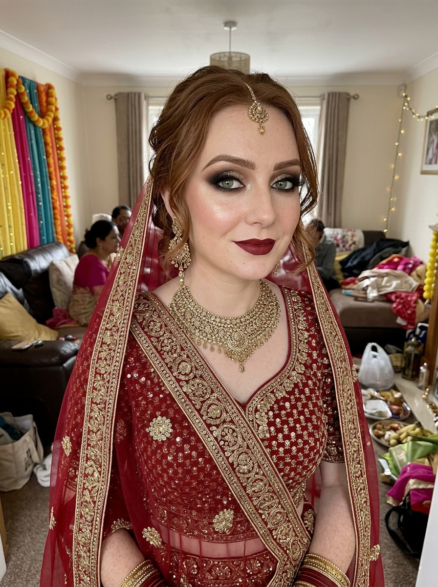 Pakistani Bridal Makeup on a woman in her late 20s with fair skin, red hair and hooded green eyes