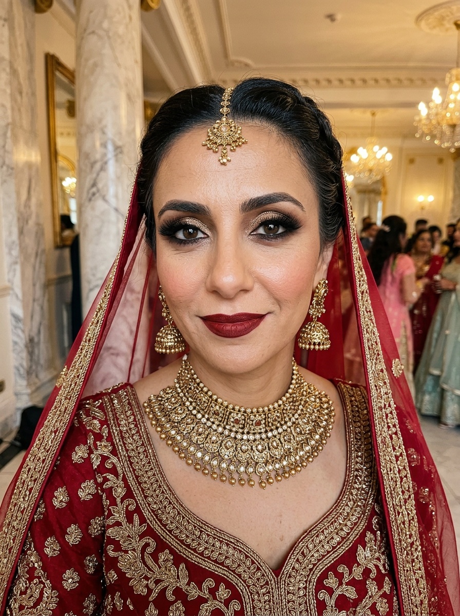 Pakistani Bridal Makeup on a woman in her late 30s with tan skin and brown eyes