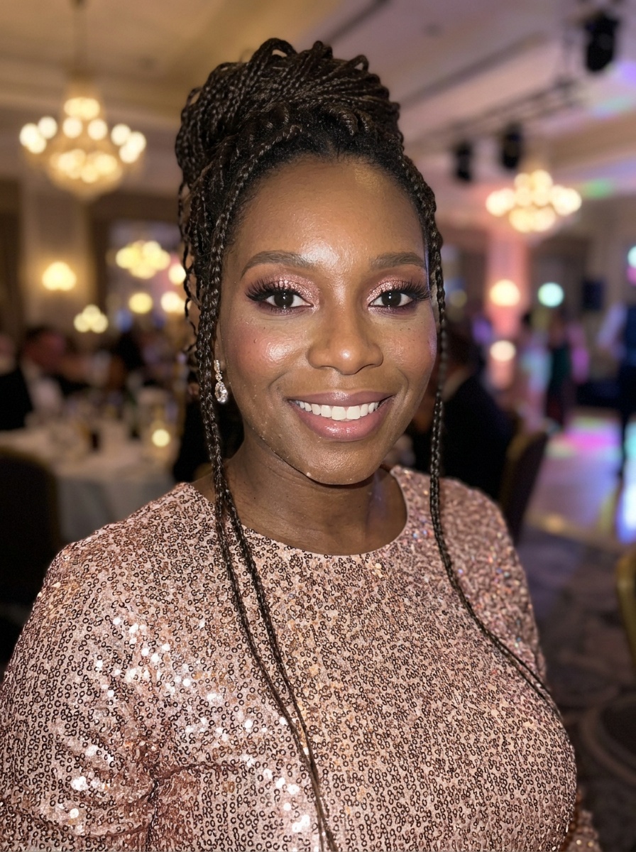 Prom Glam on a woman in her early 30s with deep skin and brown eyes