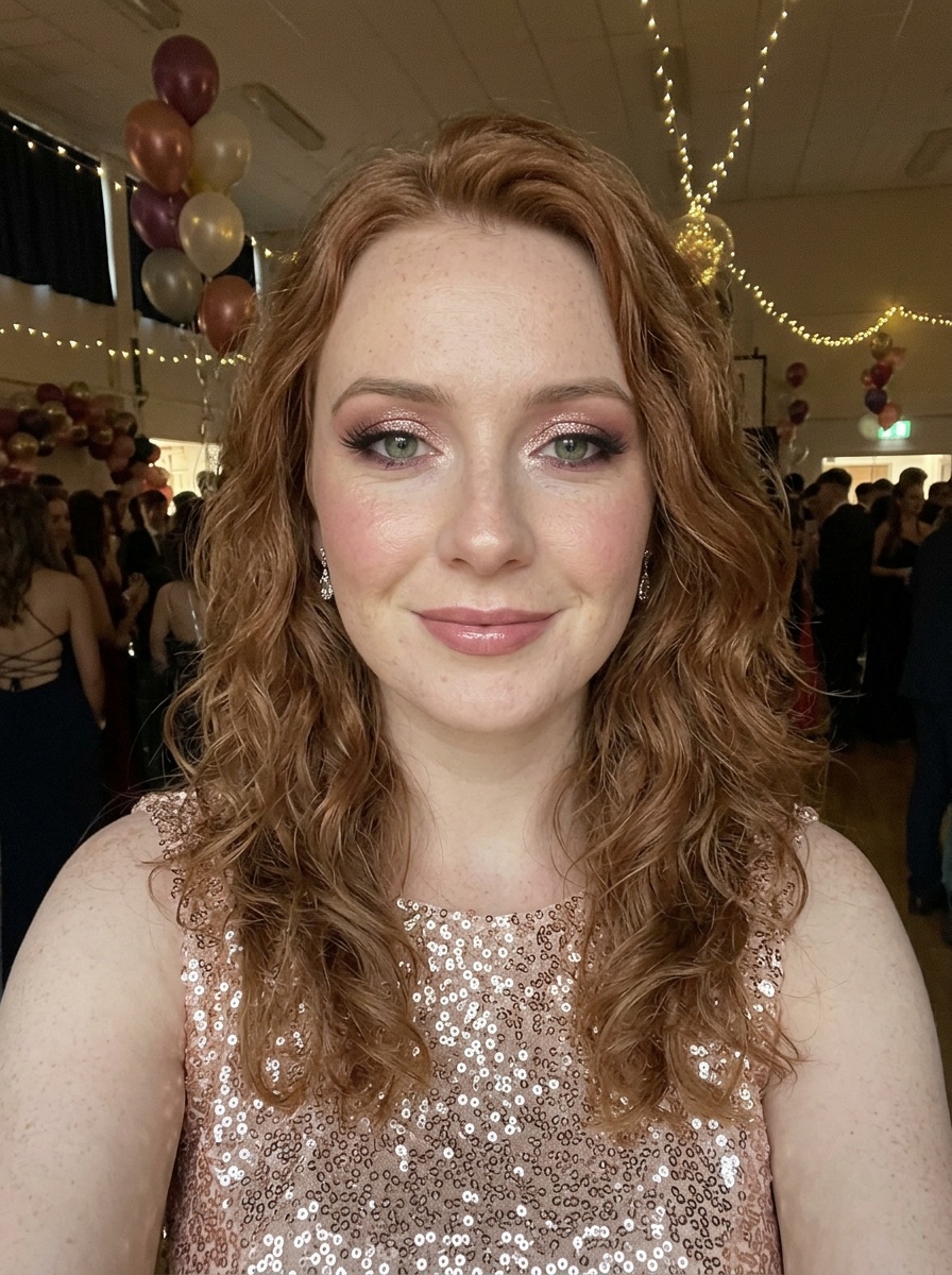 Prom Glam on a woman in her late 20s with fair skin, red hair and hooded green eyes