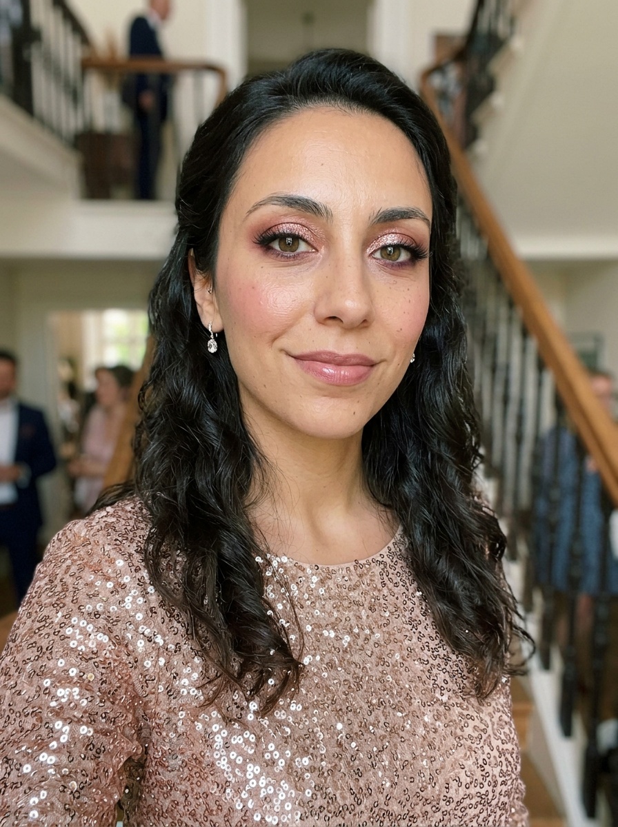 Prom Glam on a woman in her late 20s with olive skin and almond-shaped hazel eyes